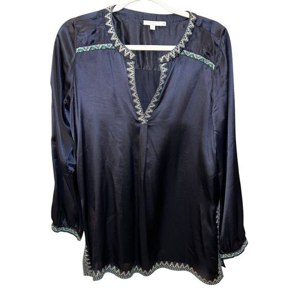 calypso st. barth mudnight blue 100% silk rich embroidered trim tunic top M - Picture 1 of 4